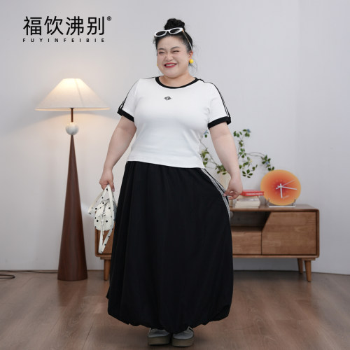 福饮沸别【盐系晨露】大码胖mm撞色刺绣三条杠黑白套装2390/2295