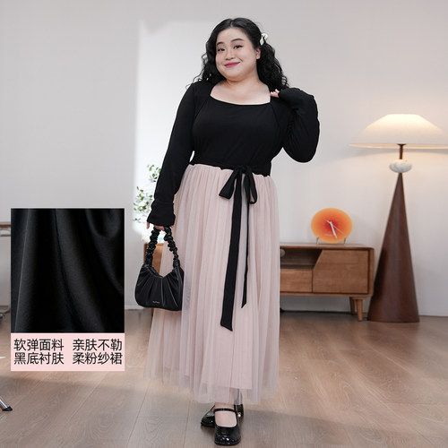 福饮沸别【许你耀眼】大码胖mm方领收腰显瘦撞色温柔网纱长裙2622