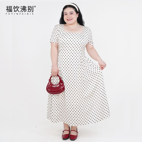 福饮沸别【布蕾波波】大码胖MM优雅百搭方领法式波点连衣裙-2207
