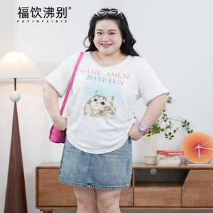 福饮沸别【猫咪印花】大码胖mm夏款舒适显瘦日常休闲撞色短袖2073