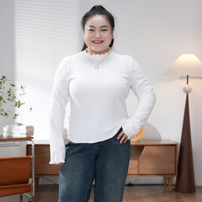 福饮沸别【棉花糖】大码胖mm七色百搭休闲秋冬款木耳边打底衫2031