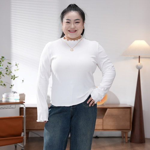 福饮沸别【棉花糖】大码胖mm七色百搭休闲秋冬款木耳边打底衫2031