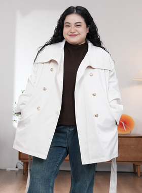 【福饮沸别】秋冬大码胖mm千金翻领双排扣系带时尚毛呢外套51976