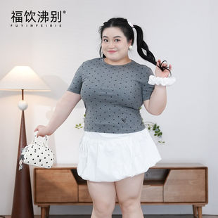 福饮沸别【波点少女】大码胖mm休闲显瘦日常百搭灰色短袖T恤-2101
