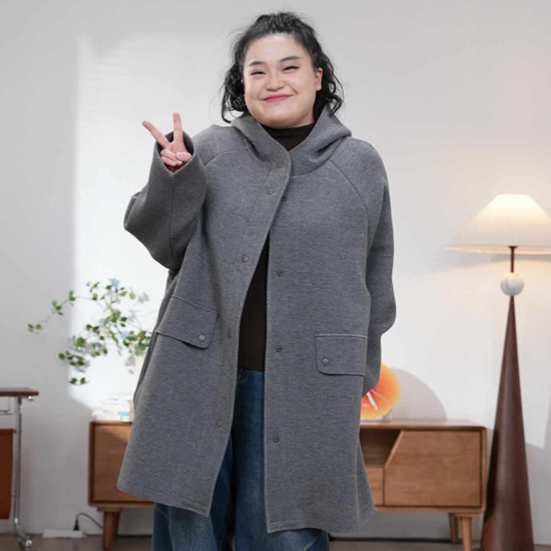 福饮沸别【灰岩慕斯】秋冬大码胖mm空气层连帽呢子保暖大衣2598