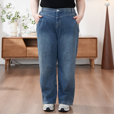福饮沸别【麦穗裤】大码显瘦胖mm宽松遮胯显瘦高腰直筒牛仔裤2267