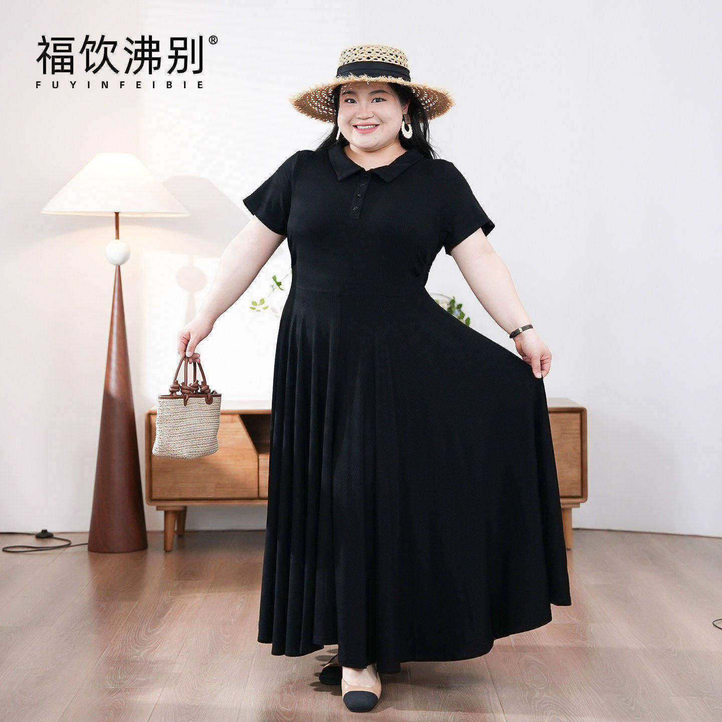福饮沸别【墨色涟漪】大码胖mm显瘦polo领收腰棒球连衣裙240902