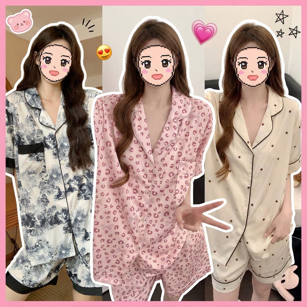 福饮沸别夏季大码宽松睡衣女薄款冰丝短袖甜美可爱外穿家居服3166 - 实物图