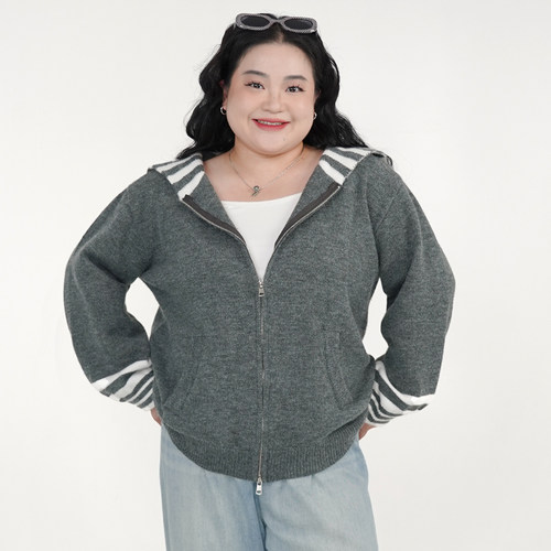 福饮沸别【暖意绵绵】大码胖mm北极绒海军领双头拉链毛衣YP25093