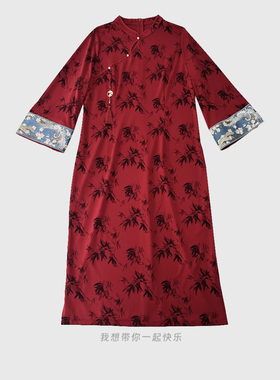 【福饮沸别】大码胖mm高级感温柔显白红色竹叶旗袍51820