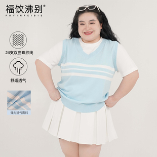 【福饮沸别】大码显瘦胖MM拼接条纹撞色百搭假两件短袖YP25022