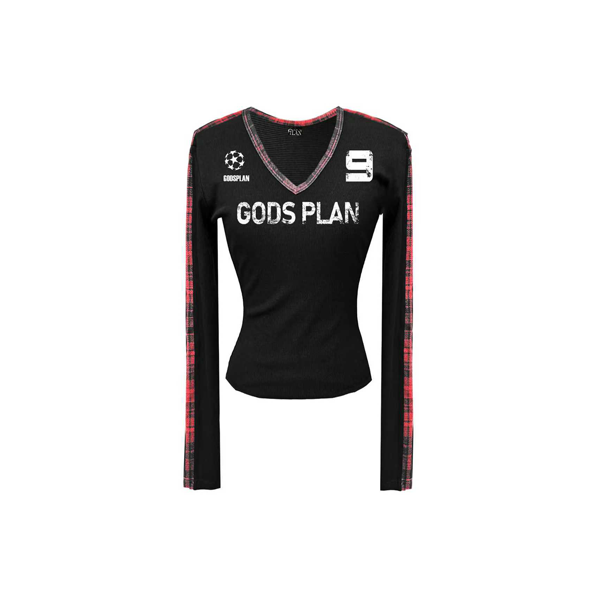 上帝计划V领格子拼接长袖打底衫