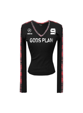 Gods plan*上帝计划原创格子拼接美式辣妹V领修身显瘦长袖女打底