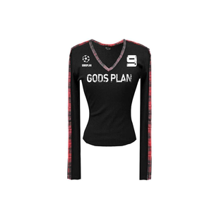 显瘦长袖 Gods 辣妹V领修身 上帝计划原创格子拼接美式 女打底 plan