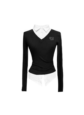 Gods plan*上帝计划 原创暗黑轻亚拼接假两件百搭长袖打底衫辣妹