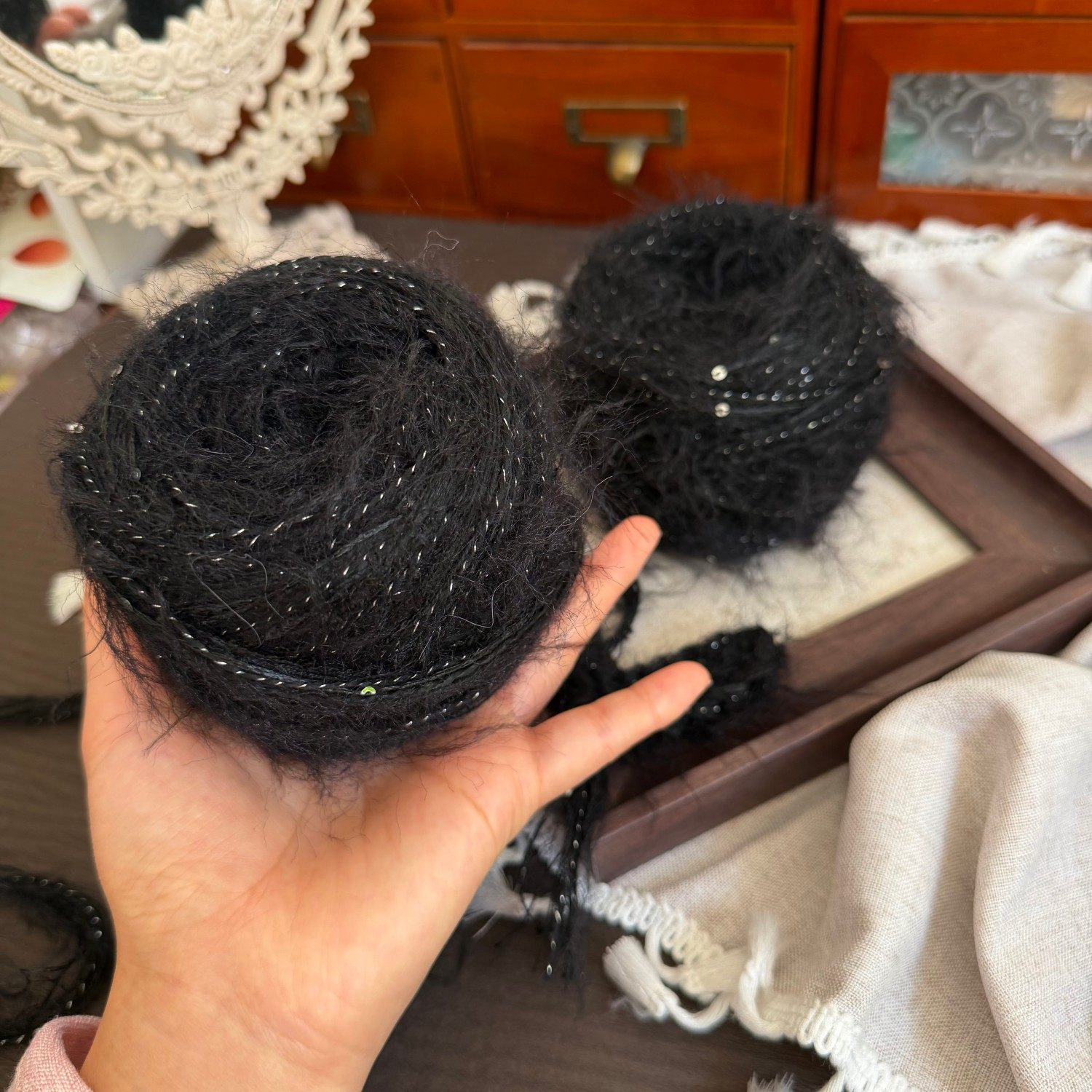 小香风【黑珍珠】手混线黑色亮片高级感毛线柔软手工diy钩织包包