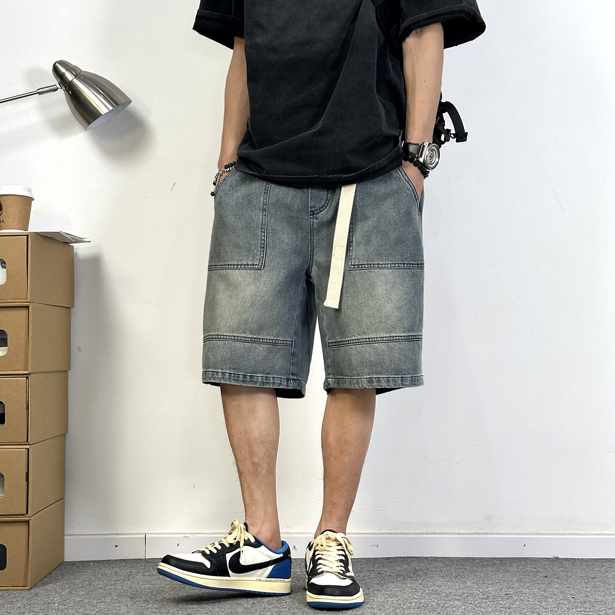 拼接水洗磨白牛仔短裤男夏季潮牌美式复古中裤抽绳宽松休闲五分裤