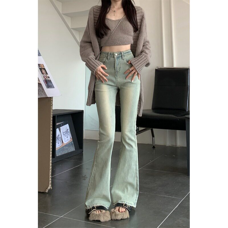 黄泥染牛仔裤女春秋大码胖mm高腰显瘦拖地裤提臀复古浅色微喇叭裤