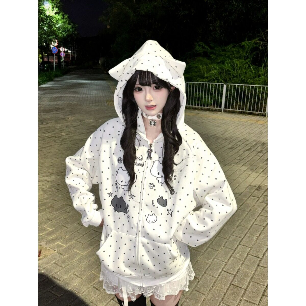 日系可爱宅萌猫咪波点连帽卫衣女春秋季宽松学院风猫耳朵开衫外套