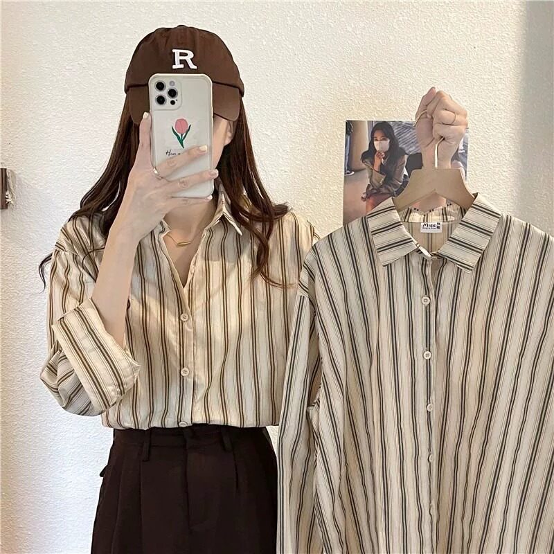 春秋新款韩版气质咖色条纹衬衫女小众polo领薄款内搭叠穿衫衣外套