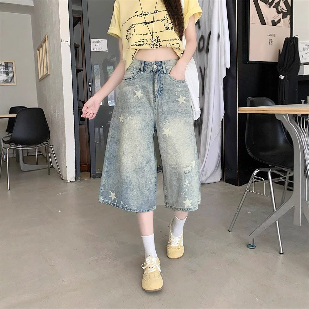 美式复古星星印花牛仔七分裤2025夏季薄款中裤宽松水洗阔腿短裤子