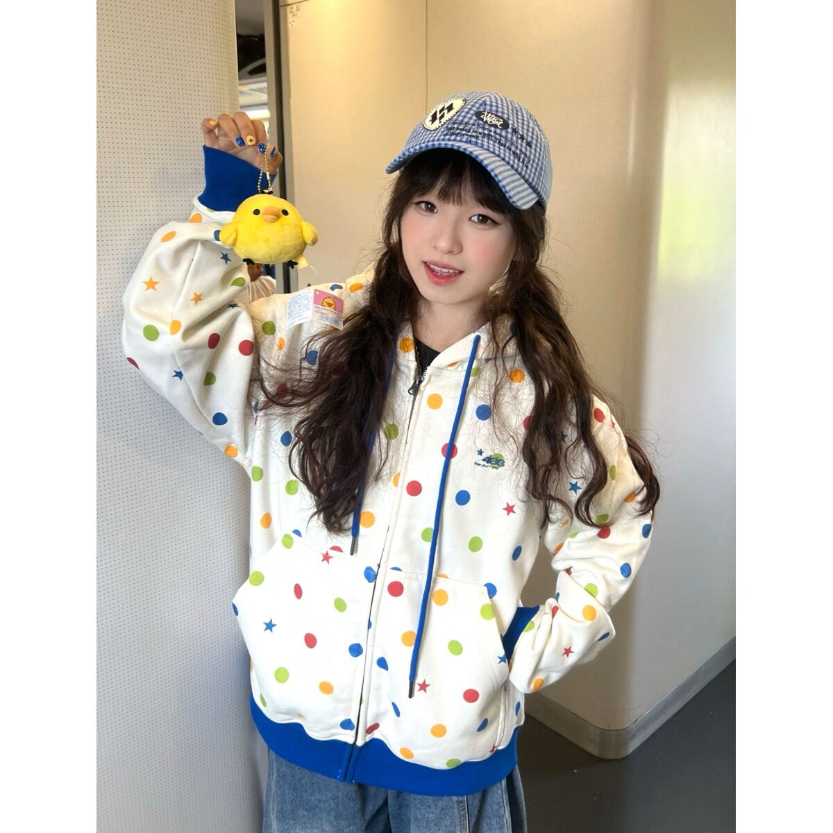 撞色学生党日系街头风宽松款减龄星星印花牛仔裤棒球帽通勤可爱风
