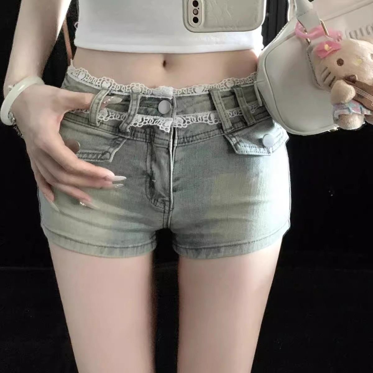 小个子蕾丝低腰牛仔短裤女显瘦新款辣妹百搭紧身包臀超短热裤ins