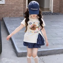 女童套装夏季2025新款儿童洋气时髦短袖T恤格子短裙两件套夏装潮