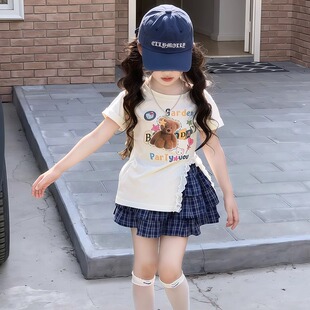 女童套装夏季2025新款儿童洋气时髦短袖T恤格子短裙两件套夏装潮