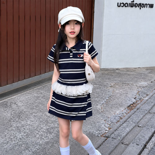 夏季女童套装条纹短袖花边短裙子