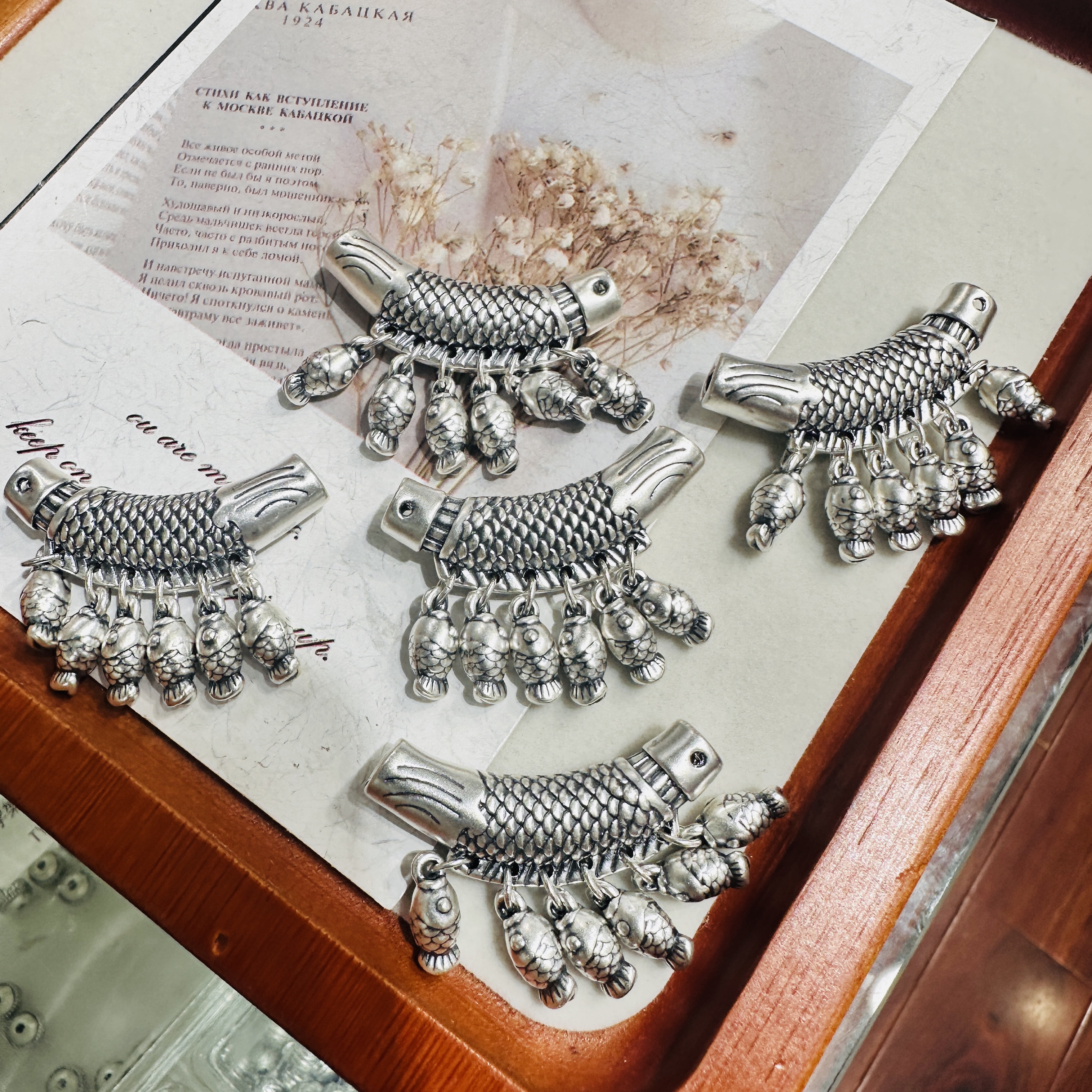 足银999鱼弯管纯银配件多子多鱼吊坠流苏半镯配饰手工diy手链手串