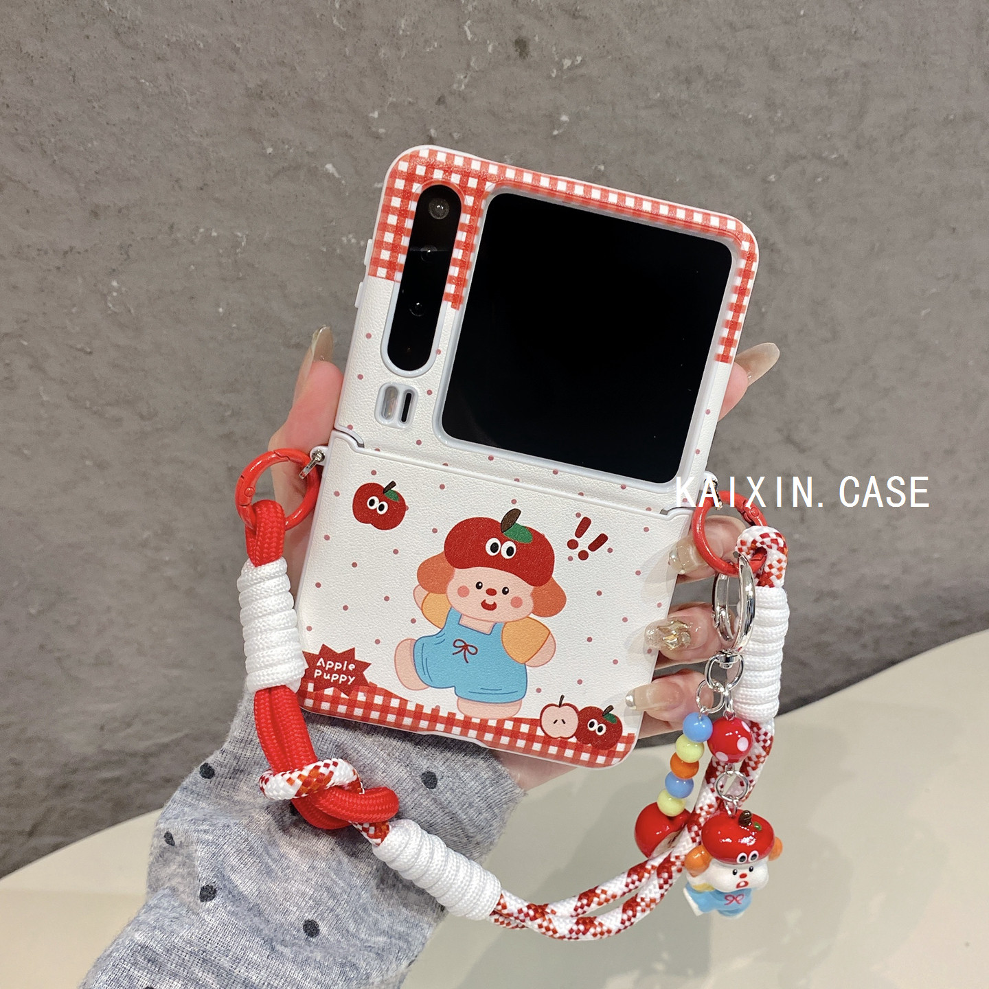 可爱苹果小狗适用华为puraX折叠屏手机壳pocket2/nova全包皮质小米mixflip2手提卡通挂件三星Zflip6/7小众女