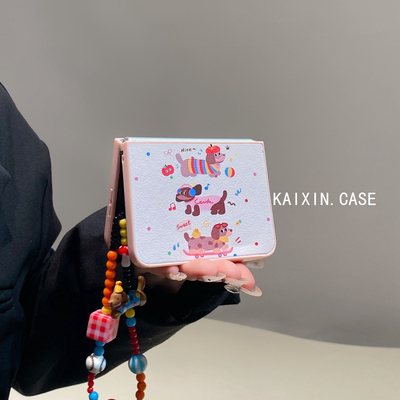 ins波点腊肠狗适用华为purax折叠屏手机壳小米mixflip2壳膜一体三星Zflip6/7fe可爱手提挂绳pocket2卡通女