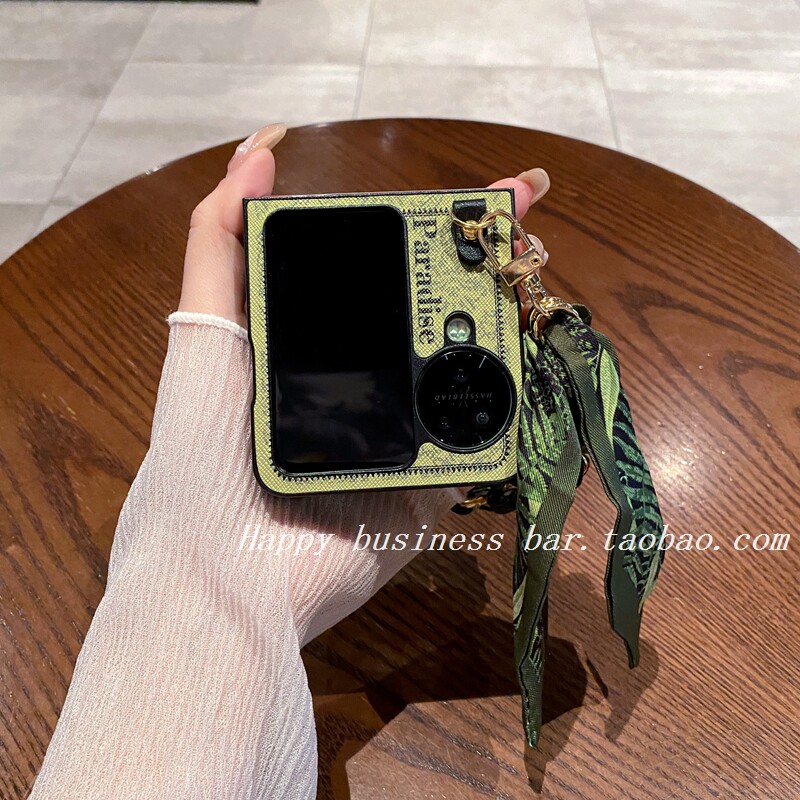 高档祖母绿丝巾手提适用OPPOFindN3flip手机壳新款华为puraXpocket2折叠屏zflip6/5皮质外壳小