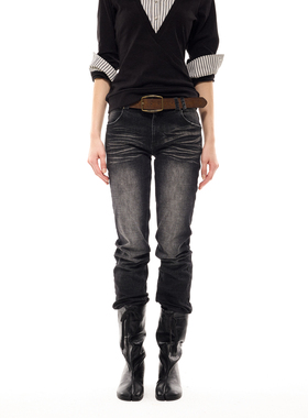 costustoot 黑色修身经典微弹水洗做旧猫须直筒显瘦辣妹牛仔长裤