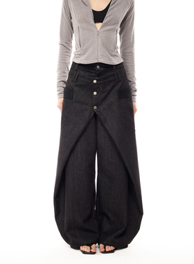 costustoot 假两件纽扣交叉解构廓形宽松阔腿弯刀黑色牛仔长裤女