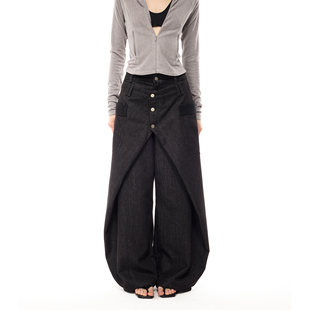 costustoot 女 假两件纽扣交叉解构廓形宽松阔腿弯刀黑色牛仔长裤