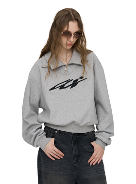 CUT 原创设计早春灰色宽松廓形感双领拉链立体绣花圆领卫衣女T恤