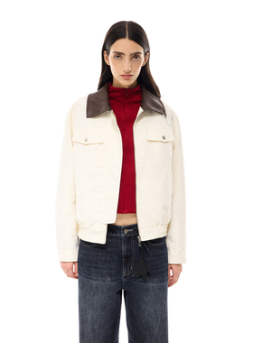 costustoot 美式复古白色宽松经典撞色皮翻领夹克外套女