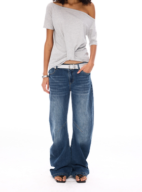 Costustoot 超弯刀型扭曲设计感低腰水洗猫须修身微弹蓝牛仔长裤