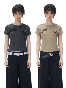 蝴蝶结T恤女 显瘦打结短袖 CUT2024SS原创设计夏季 解构拼接低领修身