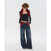 costustoot ＂005＂红腰撞色拼接纯棉猫须水洗廓形宽松低腰牛仔裤