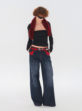 costustoot ＂005＂红腰撞色拼接纯棉猫须水洗廓形宽松低腰牛仔裤