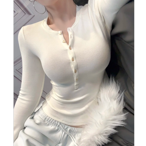 bm风纽扣亨利领打底衫辣妹上衣女秋季修身弹力内搭瑜伽长袖T恤