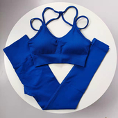 显白克莱因蓝瑜伽细带美背健身高腰蜜桃裤 女子跑步训练运动套装