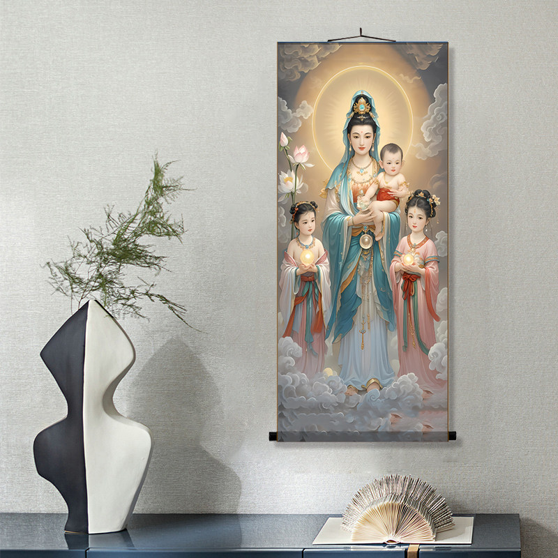中式仿古送子观音观世音菩萨画像家用客厅堂屋供奉丝绸挂画卷轴画
