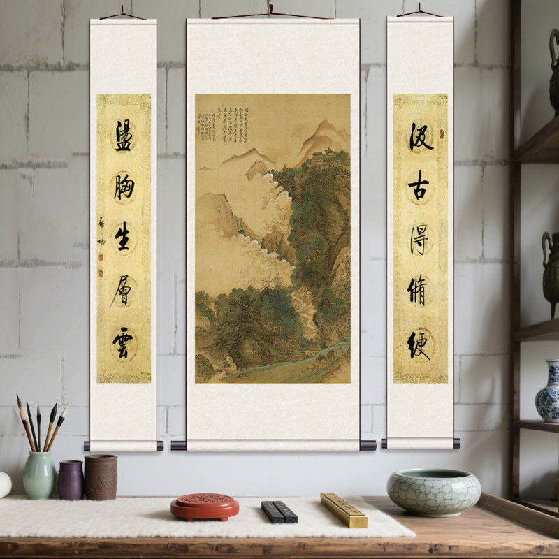 仿古中堂 丝绸画装饰客厅挂画人物画像三条屏中堂挂画
