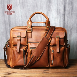 哈洛加斯品牌真皮单肩手提包男大容量新款漆皮出差旅游行李包
