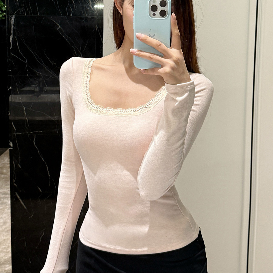 拾叶里蕾丝保暖打底T恤女2025新款秋冬长袖带胸垫内搭外穿上衣