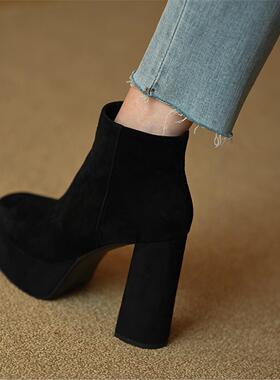 Misili 真皮粗跟短靴女2024秋冬季新款防水台高跟鞋黑色厚底女鞋